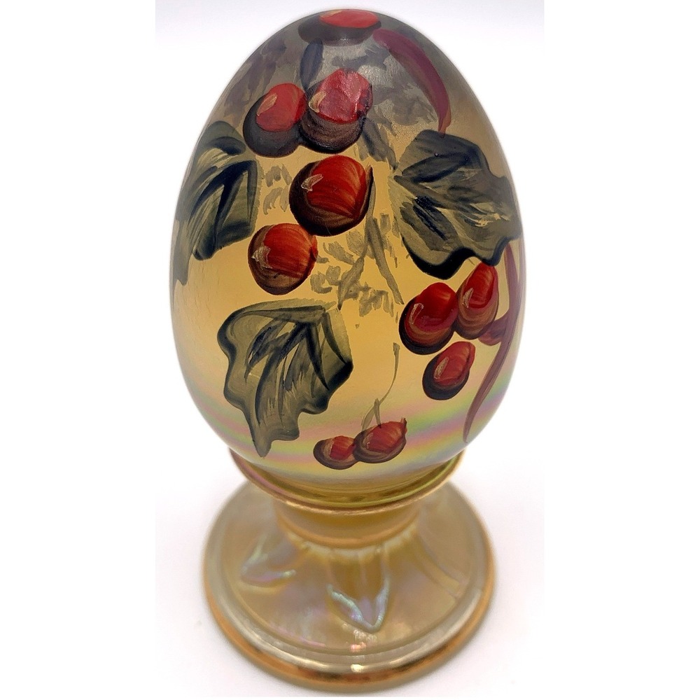 Fenton Pedestal Egg Holly Berry S. Allman Signed Handptd 3.5" Iridized #217/1500